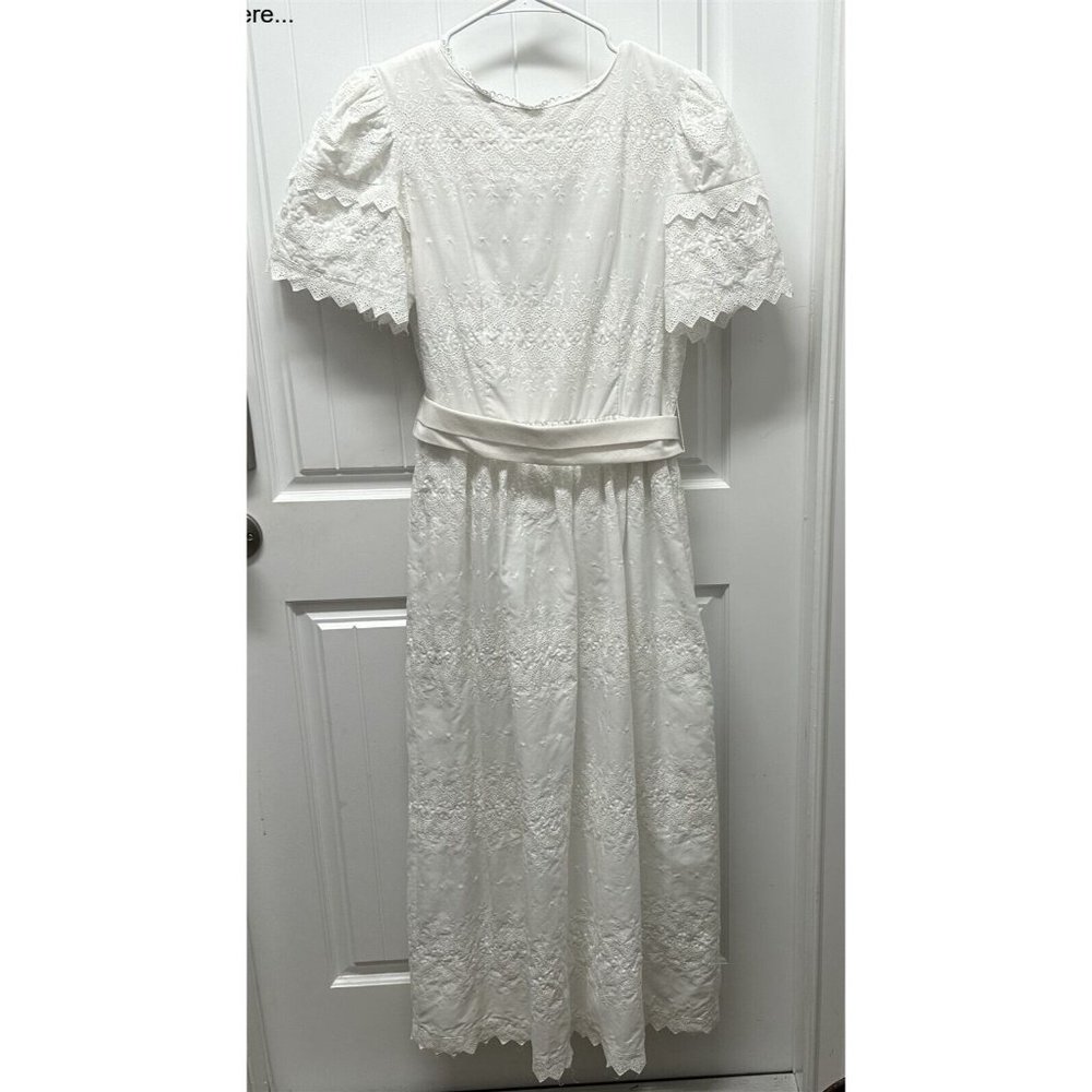 Vintage Lanz Originals White Eyelet Dress Size 8 Wedding Summer Party